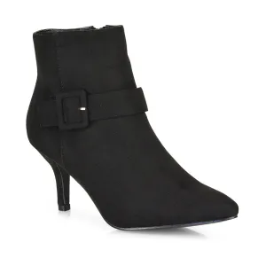 Lara Buckle Detail Pointed Toe Low Stiletto High Heel Ankle Boots In Black Faux Suede