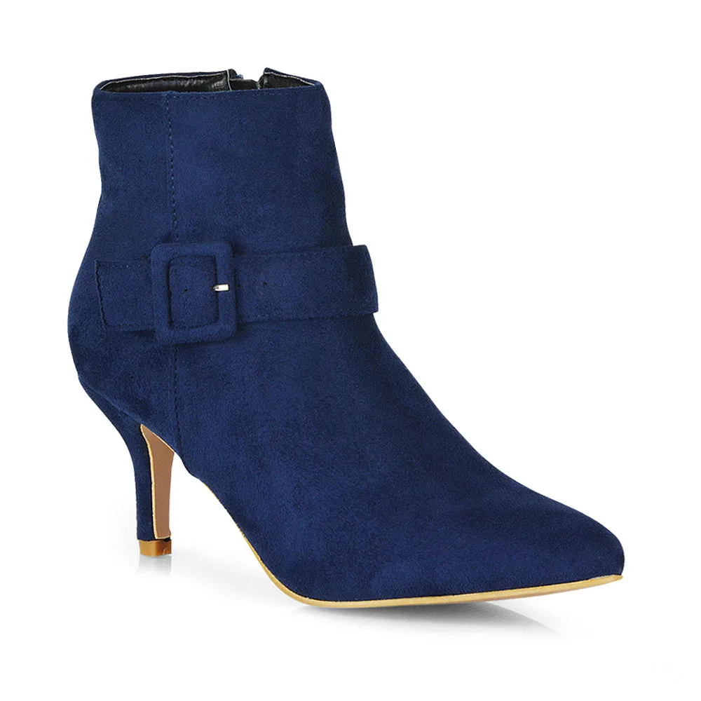 Lara Buckle Detail Pointed Toe Low Stiletto High Heel Ankle Boots In Black Faux Suede