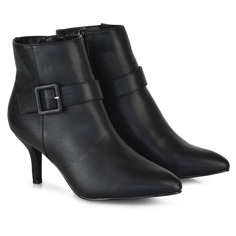 Lara Buckle Detail Pointed Toe Low Stiletto High Heel Ankle Boots In Black Faux Suede