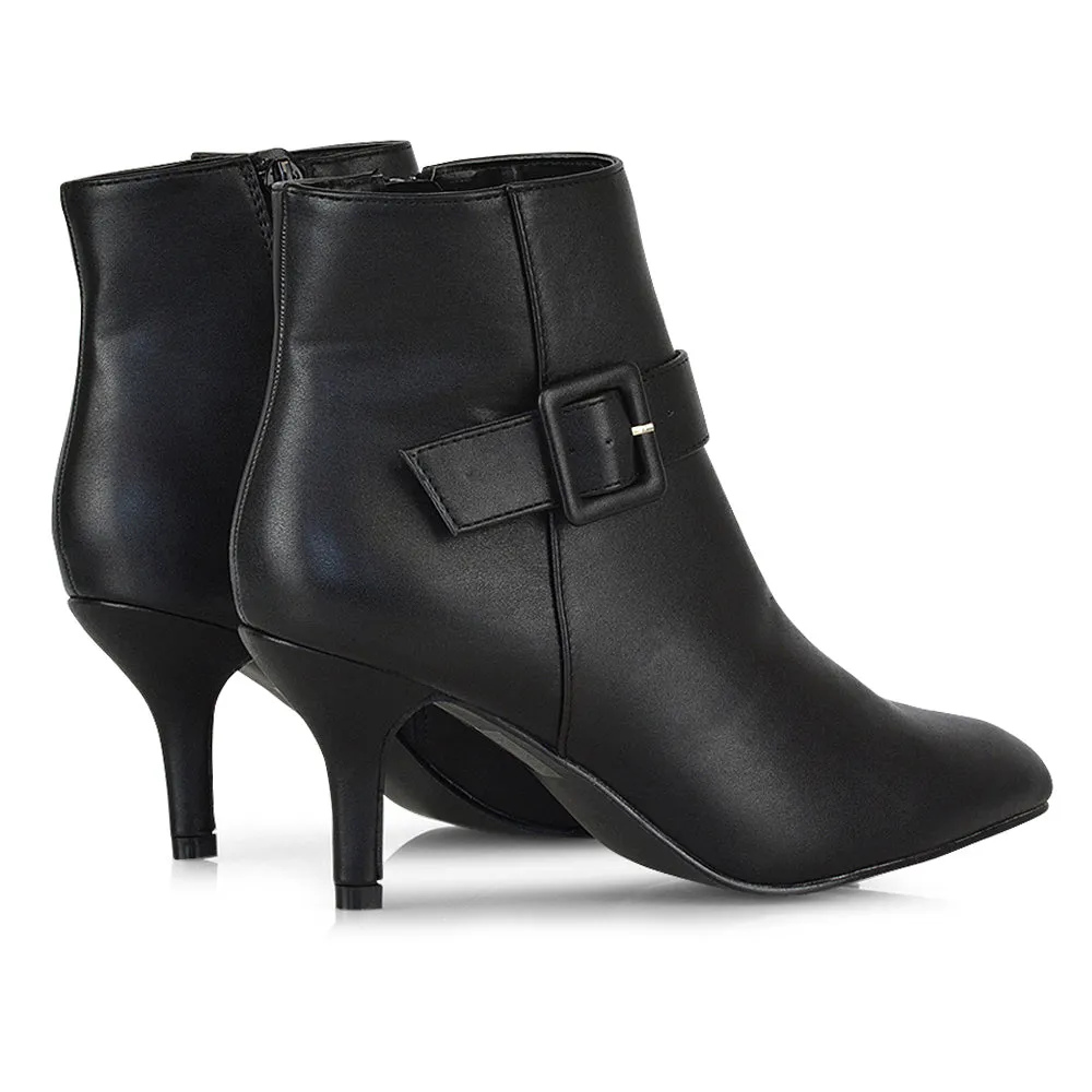 Lara Buckle Detail Pointed Toe Low Stiletto High Heel Ankle Boots In Black Faux Suede