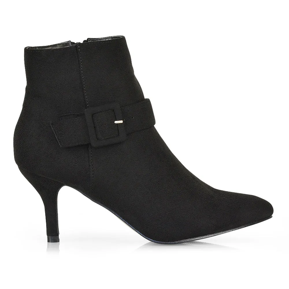 Lara Buckle Detail Pointed Toe Low Stiletto High Heel Ankle Boots In Black Faux Suede