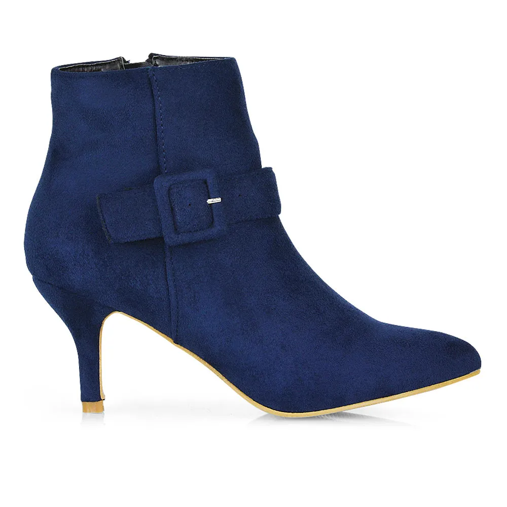 Lara Buckle Detail Pointed Toe Low Stiletto High Heel Ankle Boots In Black Faux Suede