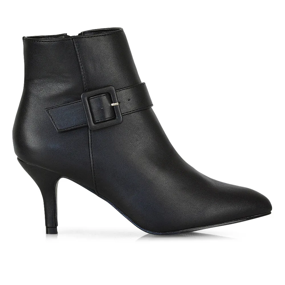 Lara Buckle Detail Pointed Toe Low Stiletto High Heel Ankle Boots In Black Faux Suede