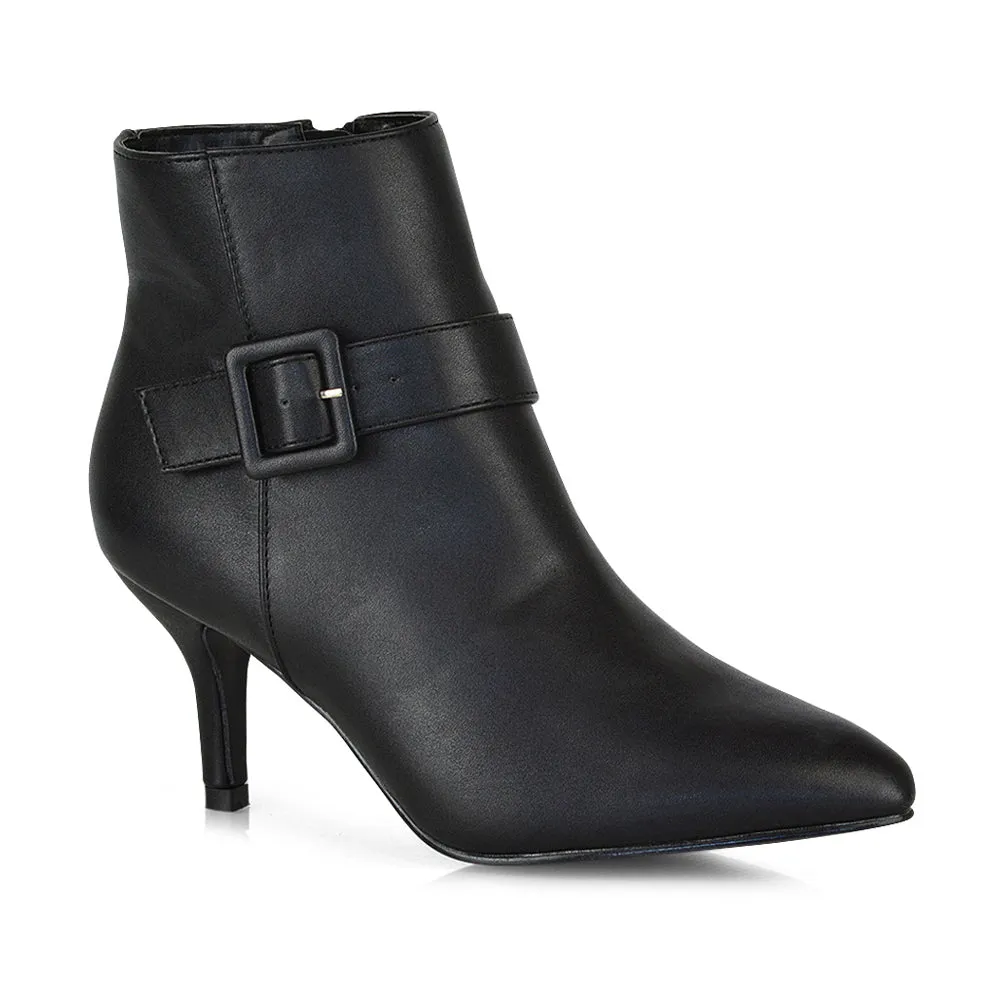 Lara Buckle Detail Pointed Toe Low Stiletto High Heel Ankle Boots In Black Faux Suede