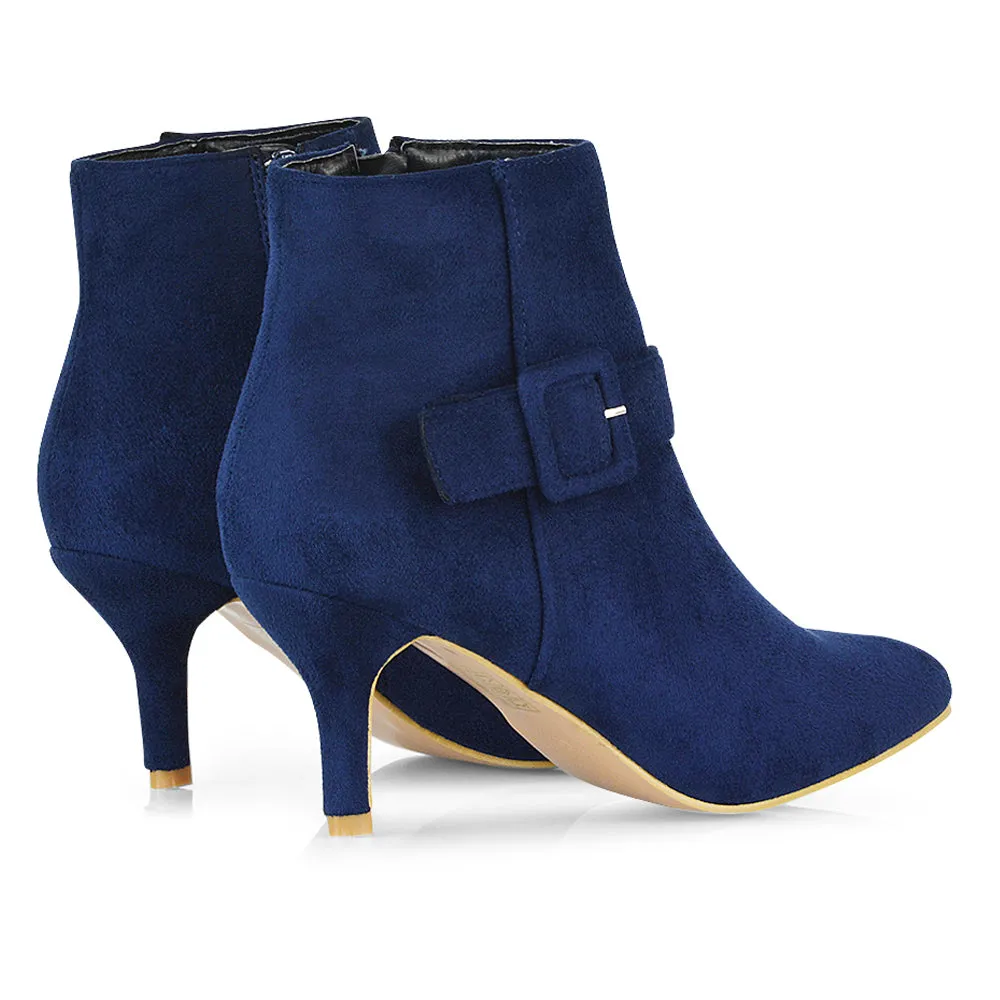 Lara Buckle Detail Pointed Toe Low Stiletto High Heel Ankle Boots In Black Faux Suede