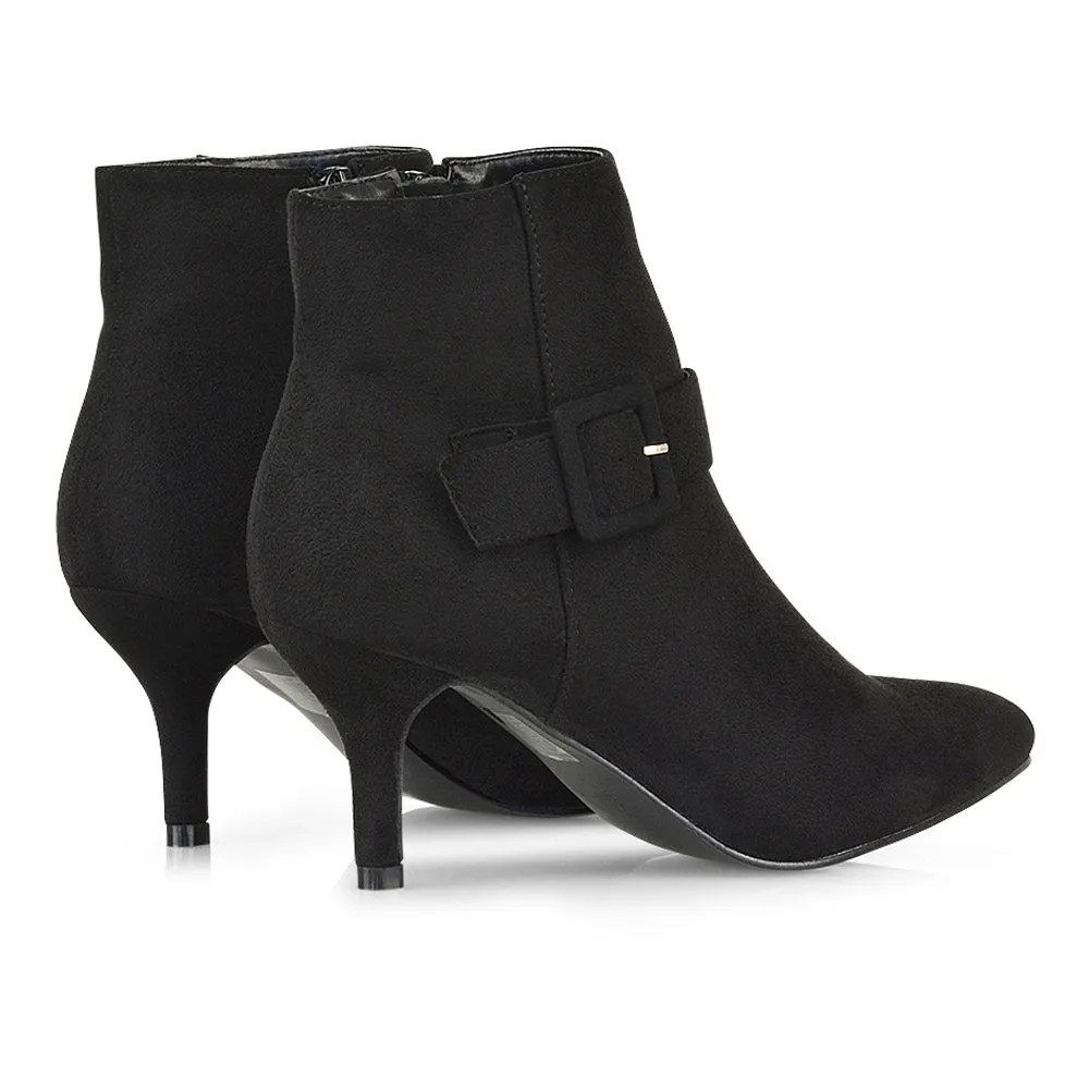Lara Buckle Detail Pointed Toe Low Stiletto High Heel Ankle Boots In Black Faux Suede