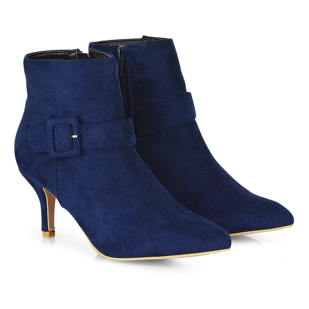 Lara Buckle Detail Pointed Toe Low Stiletto High Heel Ankle Boots In Black Faux Suede