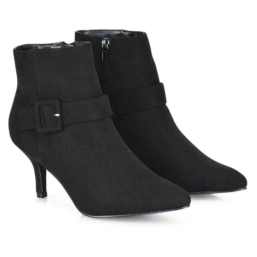 Lara Buckle Detail Pointed Toe Low Stiletto High Heel Ankle Boots In Black Faux Suede