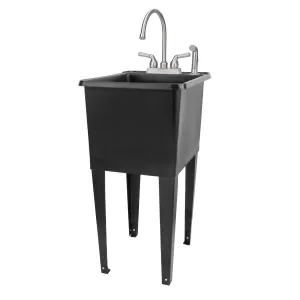Tehila Space Saver Freestanding Black Utility Sink with Stainless Steel Finish Gooseneck Faucet and Side Sprayer
