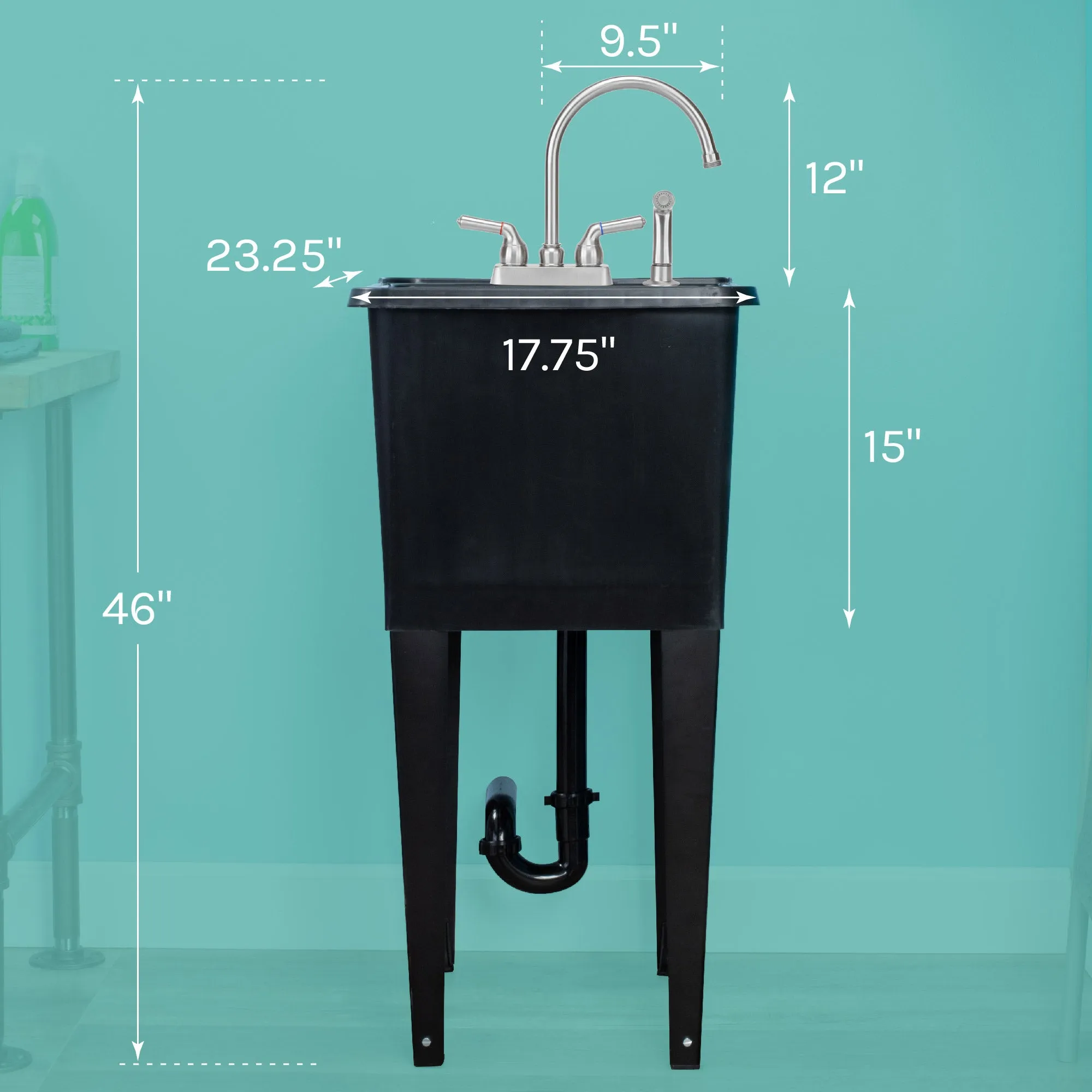 Tehila Space Saver Freestanding Black Utility Sink with Stainless Steel Finish Gooseneck Faucet and Side Sprayer