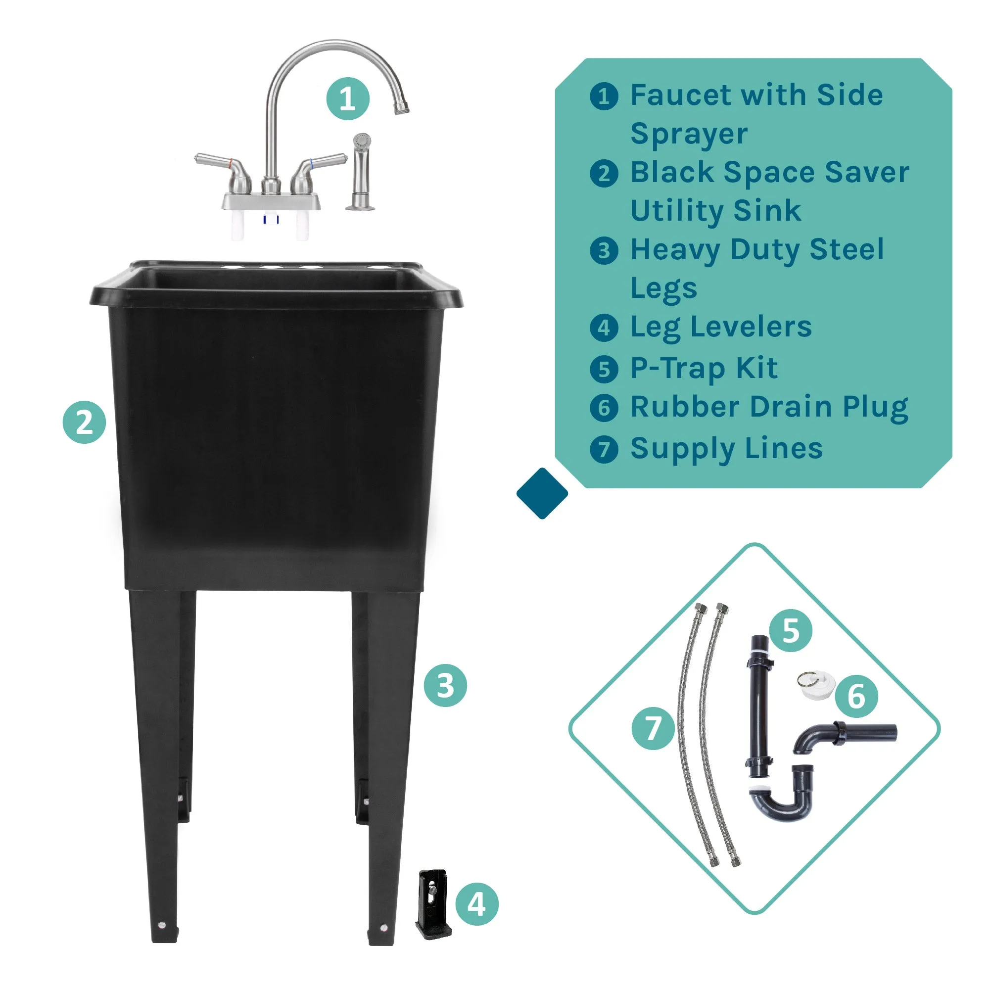 Tehila Space Saver Freestanding Black Utility Sink with Stainless Steel Finish Gooseneck Faucet and Side Sprayer