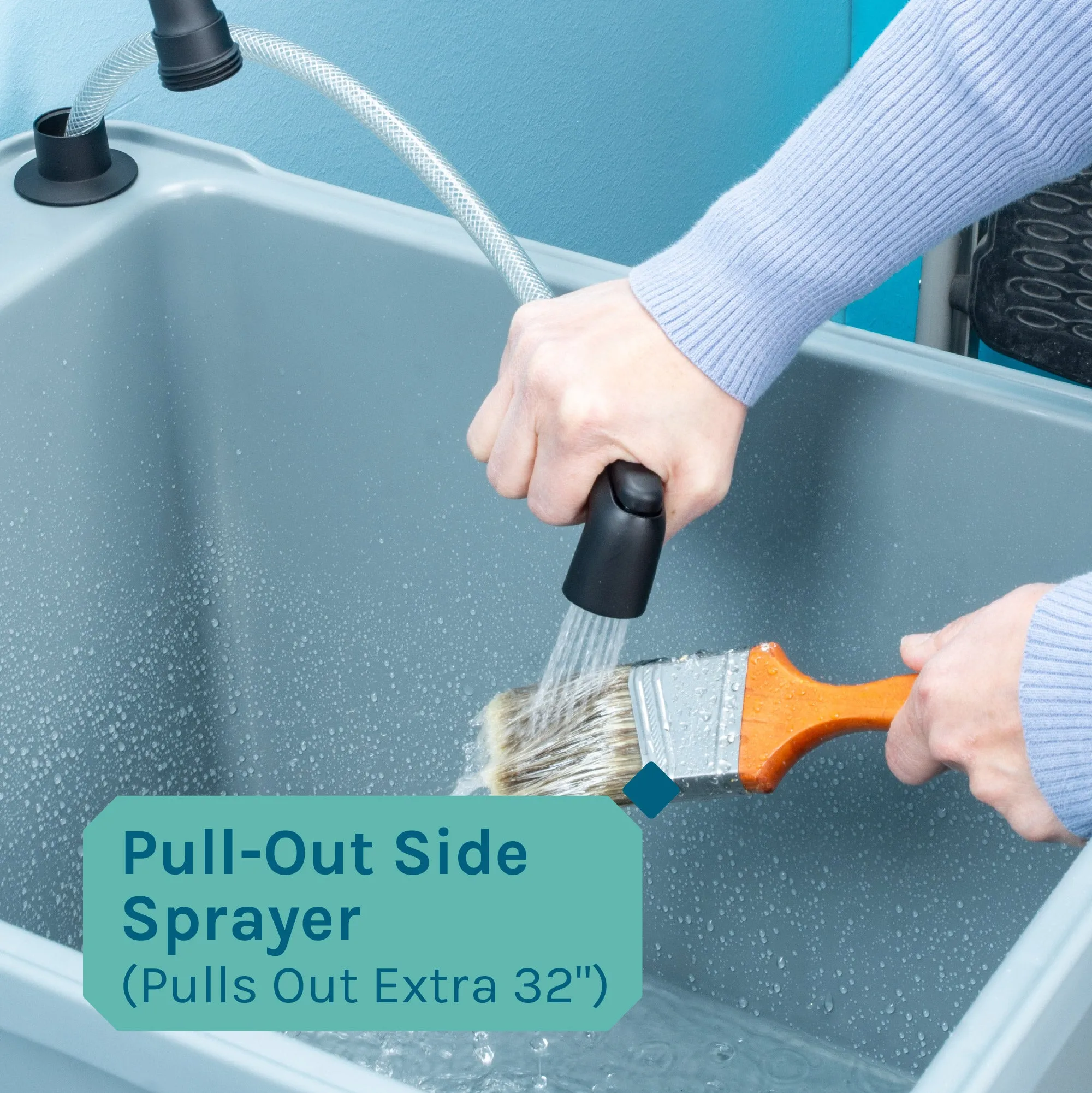 Tehila Space Saver Freestanding Grey Utility Sink with Black Finish Gooseneck Faucet and Side Sprayer