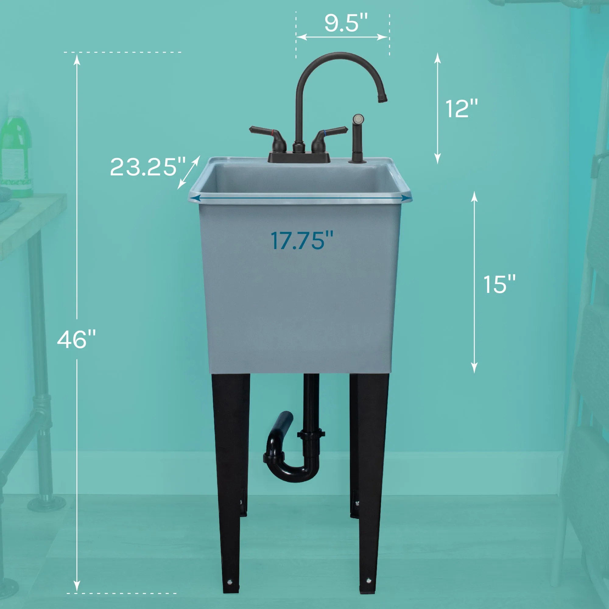 Tehila Space Saver Freestanding Grey Utility Sink with Black Finish Gooseneck Faucet and Side Sprayer