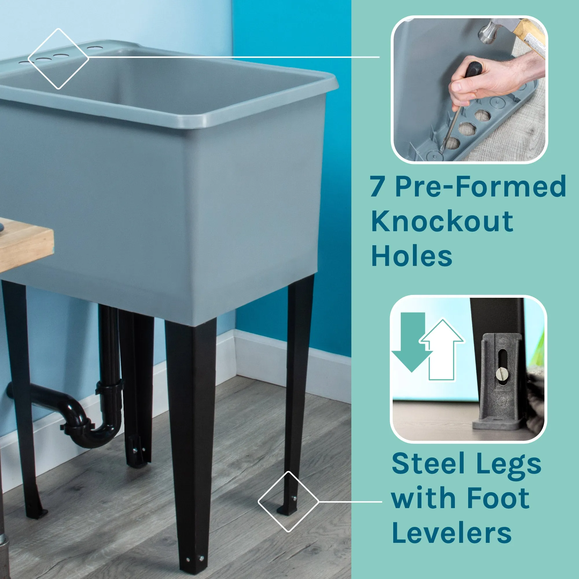 Tehila Space Saver Freestanding Grey Utility Sink with Black Finish Gooseneck Faucet and Side Sprayer