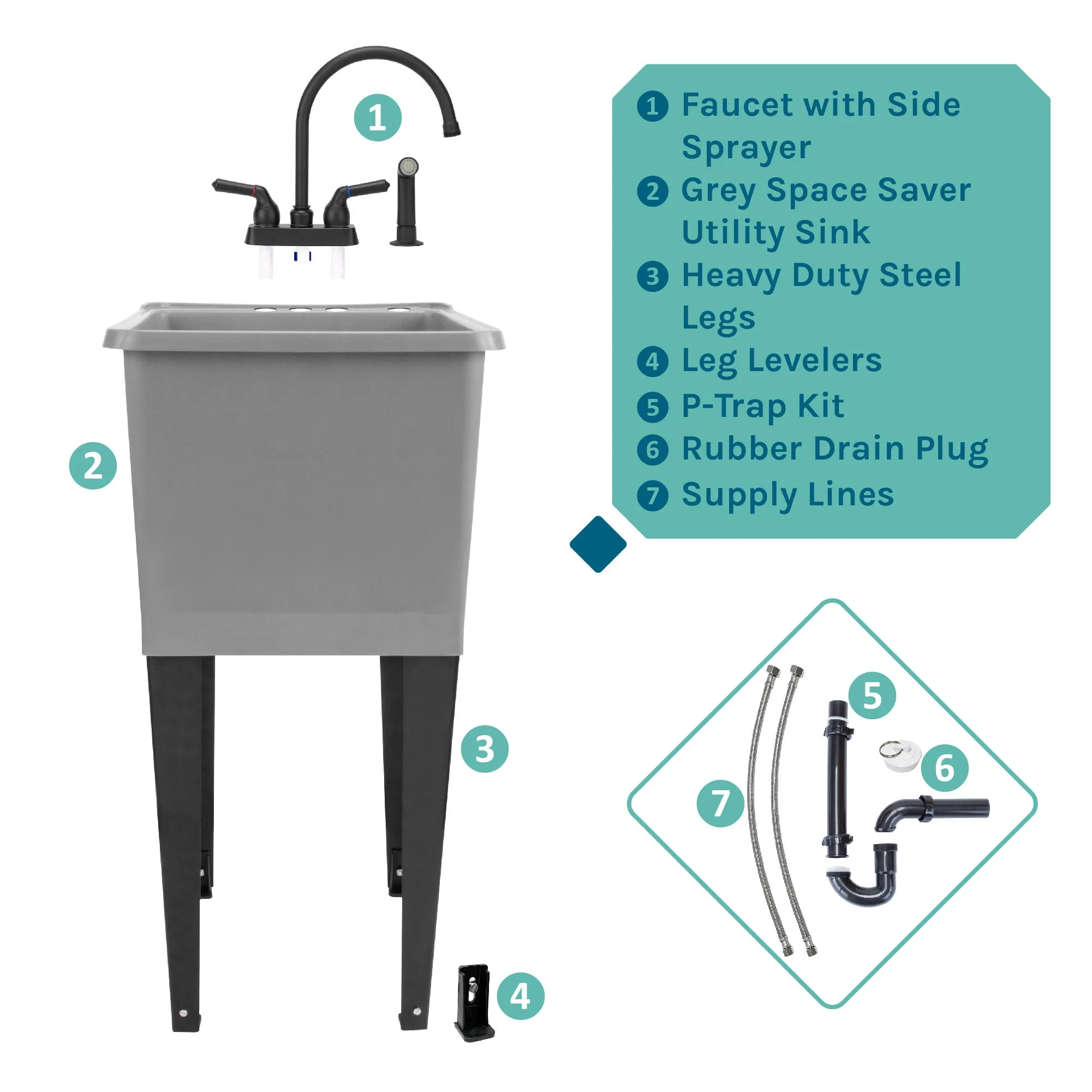 Tehila Space Saver Freestanding Grey Utility Sink with Black Finish Gooseneck Faucet and Side Sprayer