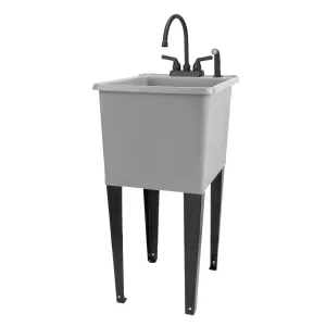 Tehila Space Saver Freestanding Grey Utility Sink with Black Finish Gooseneck Faucet and Side Sprayer